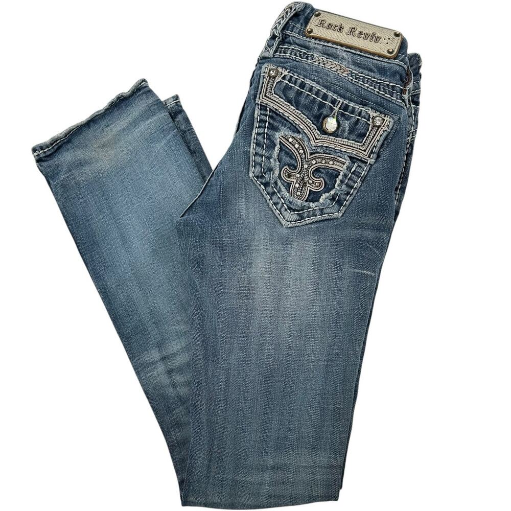 VTG y2k Women's Low Rise Rock Revival Ellor Blue Denim Slim Bootcut Jeans Sz 26